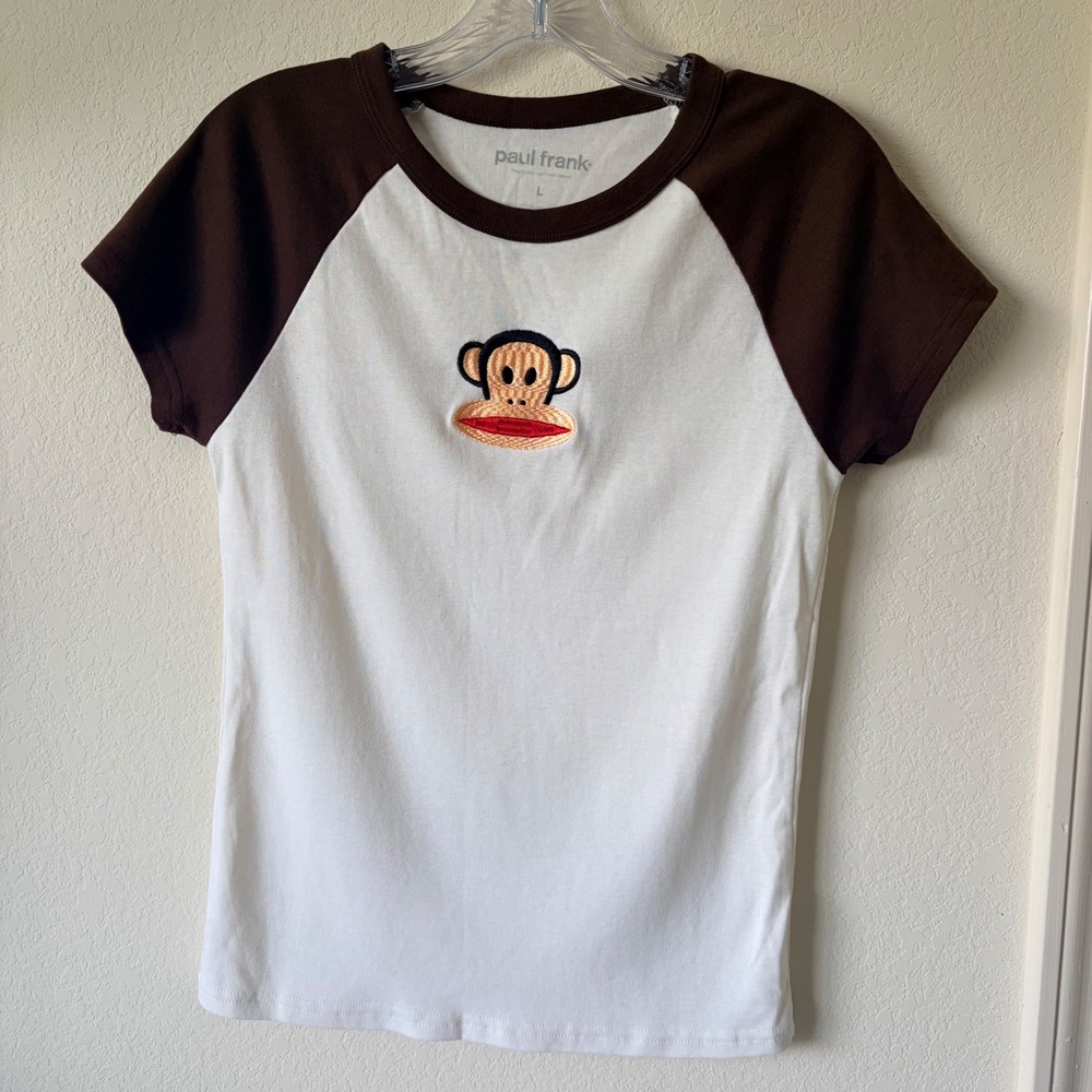 Paul Frank Brown White Julius Monkey Raglan Baby Tee Size L Y2K Indie Retro